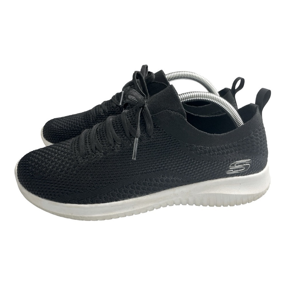 Skechers Black Stretch Knit Sneakers Memory Foam Slip On Faux Lace Up Size 11
